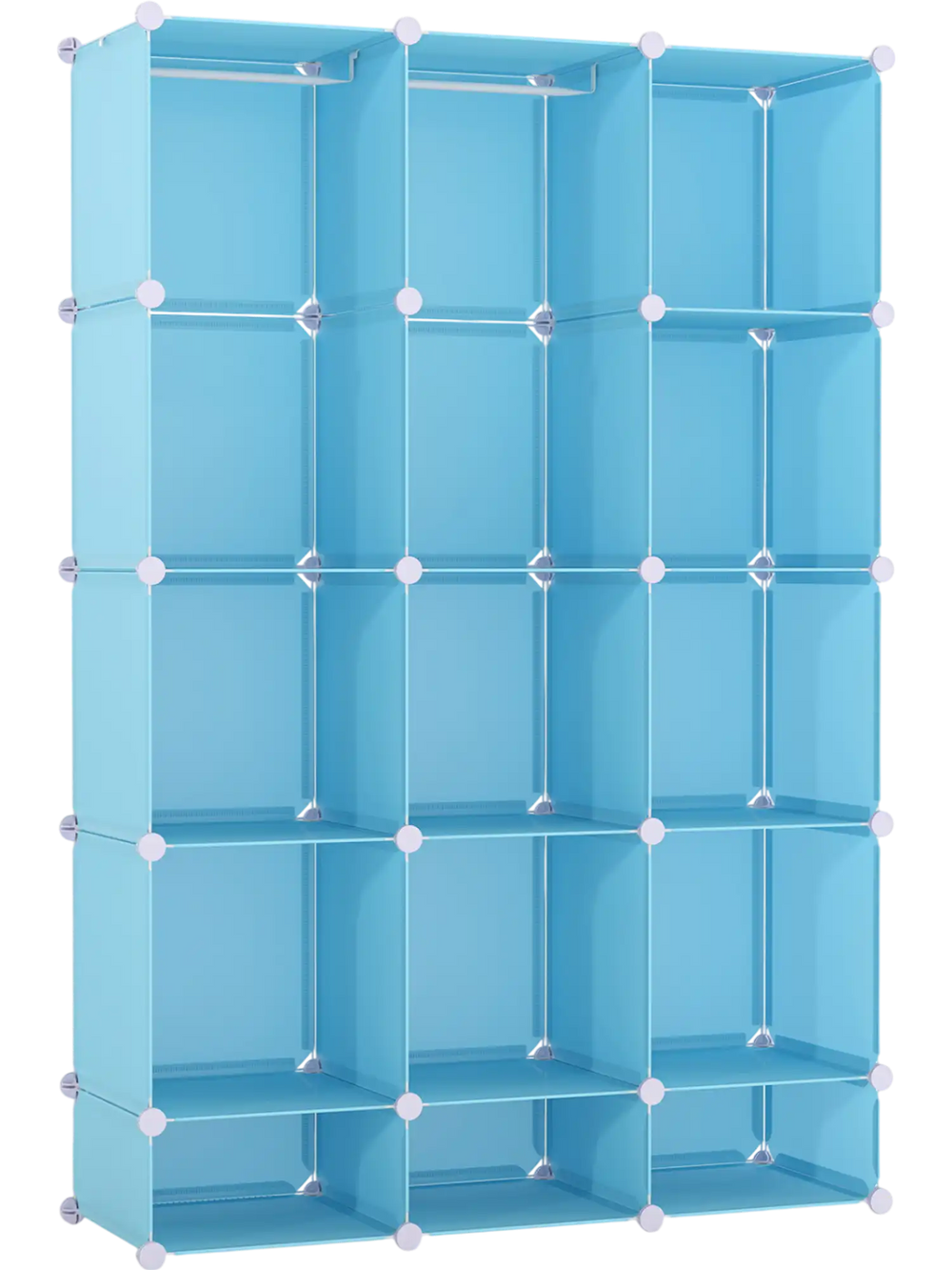 Blue modular baby wardrobe with 13 cubes and a sturdy metal frame, designed for flexible organization in children's rooms.