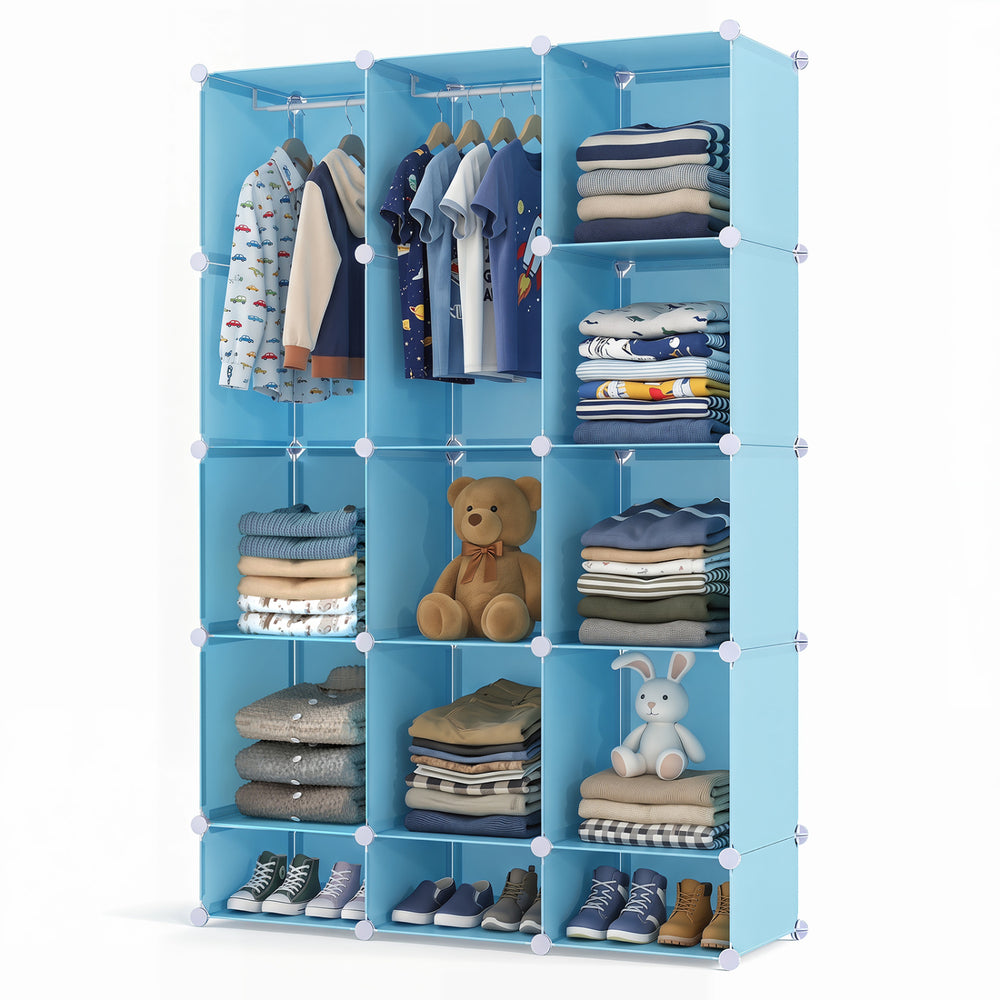 Modular baby wardrobe in blue features 13 cubes, hanging rod, and shelves for organized storage in kids' rooms.