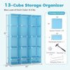 Modular baby wardrobe in blue features 13 storage cubes, open shelves, and a hanging rod for versatile organization.