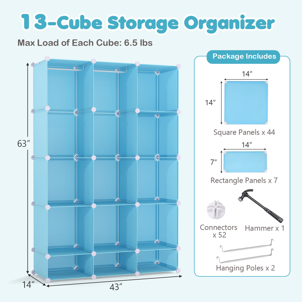 Modular baby wardrobe in blue features 13 storage cubes, open shelves, and a hanging rod for versatile organization.