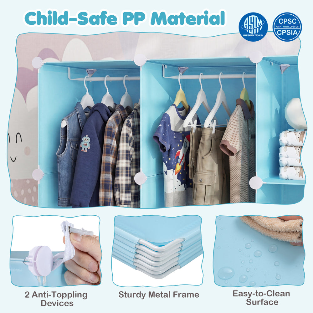 Modular baby wardrobe in blue features 13 cubes, hanging rod, and shelves, made of child-safe PP material for easy organization.