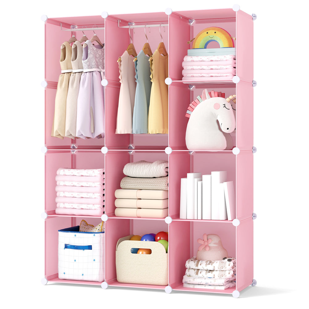Modular pink baby wardrobe features 10 cubes, hanging rod, and shelves for organized storage in nurseries or playrooms.