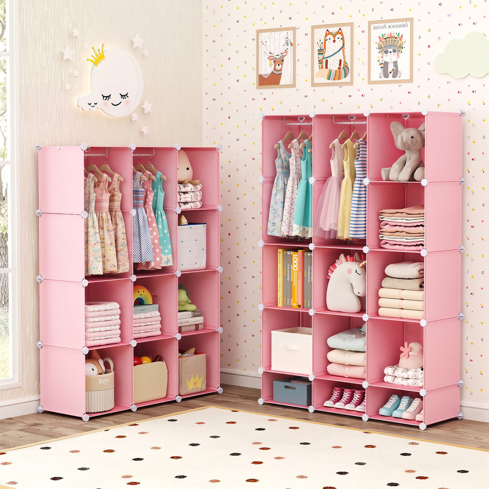 Modular pink baby wardrobe with 10 cubes, hanging rod, and shelves, perfect for organizing nursery and playroom items.
