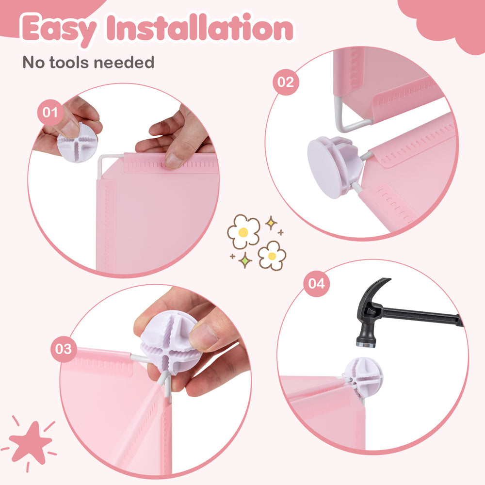 Easy installation steps for the pink modular baby wardrobe with 10 cubes and hanging rod, requiring no tools.