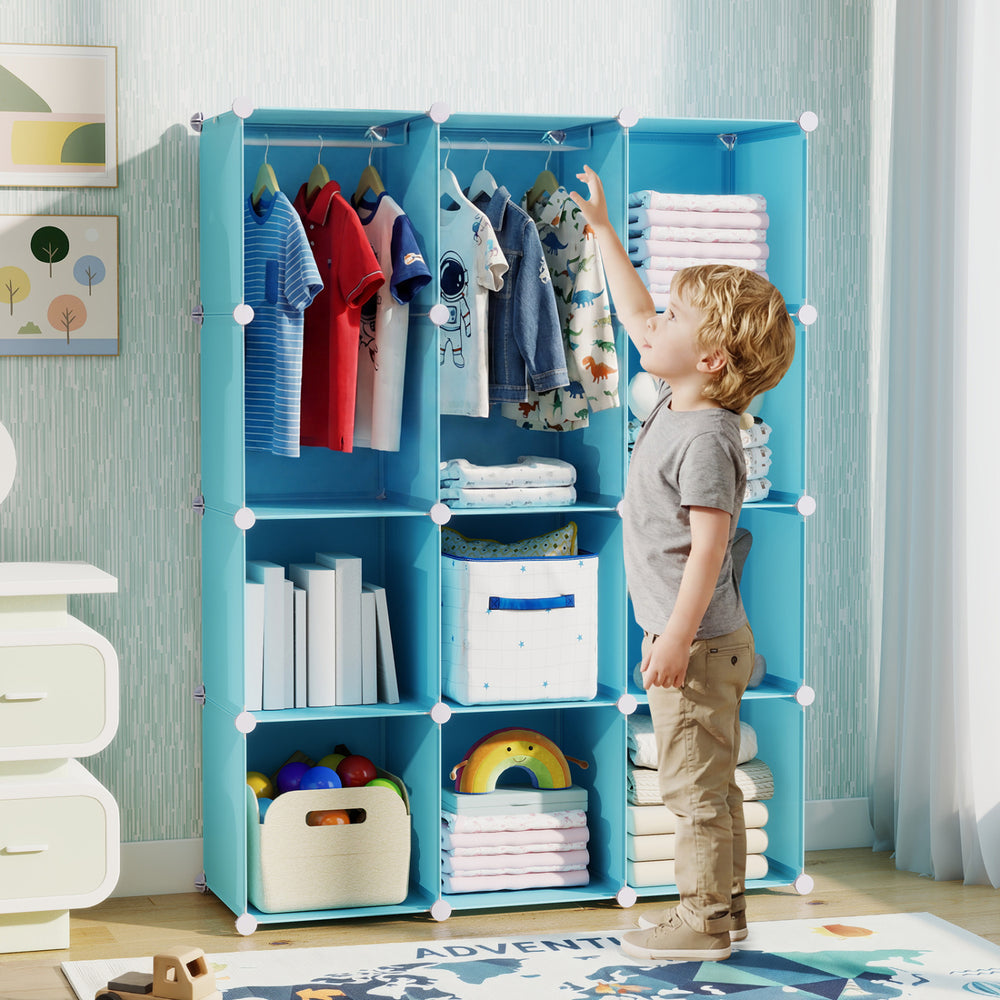 Modular Baby Wardrobe with 10 Cubes & Hanging Rod and Shelves Stackable-Blue - Gallery View 1 of 10
