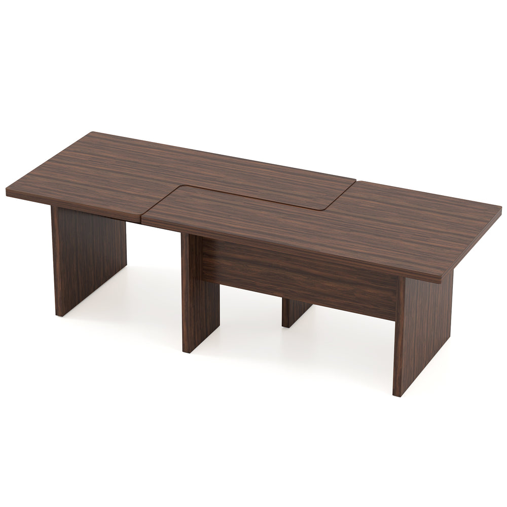 Modular L-shaped coffee table set in walnut, designed for small spaces with a sturdy, space-saving design.