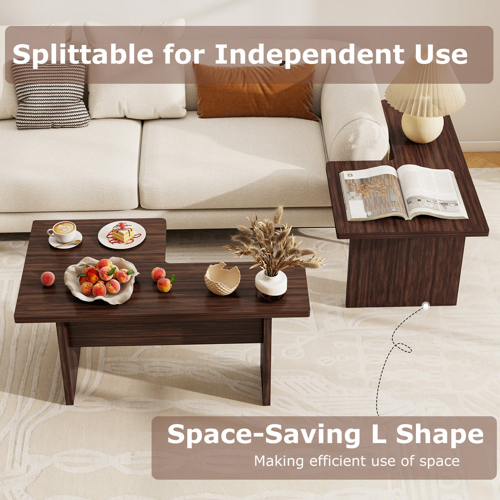 Modular L-shaped coffee table set in walnut, designed for small spaces, featuring a space-saving design and rounded.