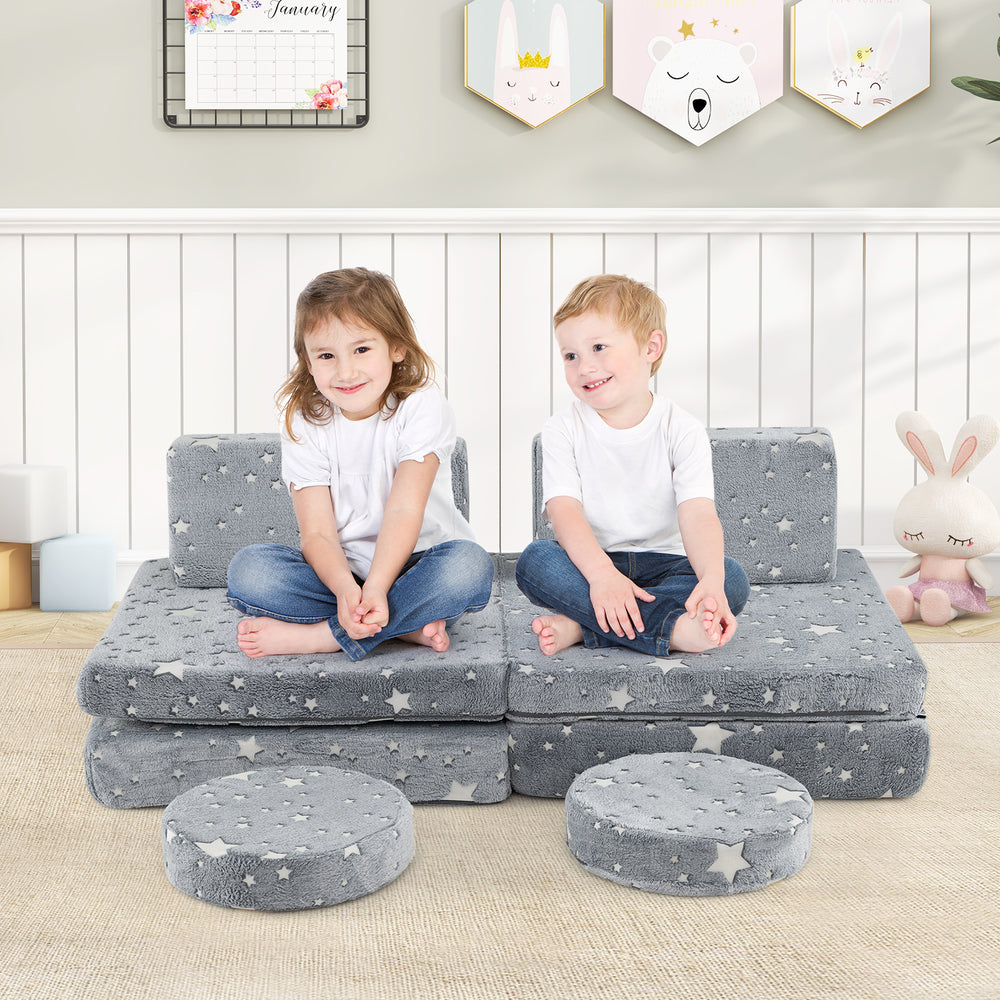 Modular kids play couch set in gray, featuring glow-in-the-dark stars, ideal for lounging and imaginative play.
