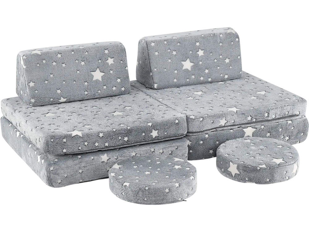Modular kids play couch set in gray with glow-in-the-dark stars, perfect for lounging, climbing, and imaginative play.