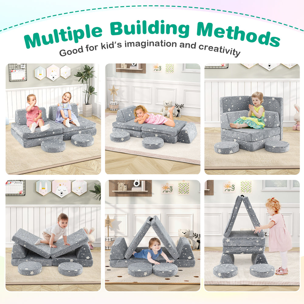 Modular kids play couch set in gray with glow-in-the-dark patterns, versatile for lounging, climbing, and imaginative.