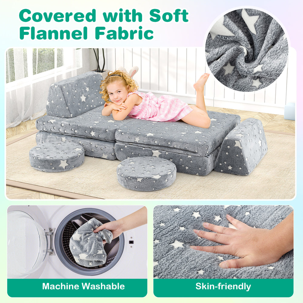 Modular kids play couch set in gray with glow-in-the-dark stars, soft flannel fabric, and machine-washable covers.