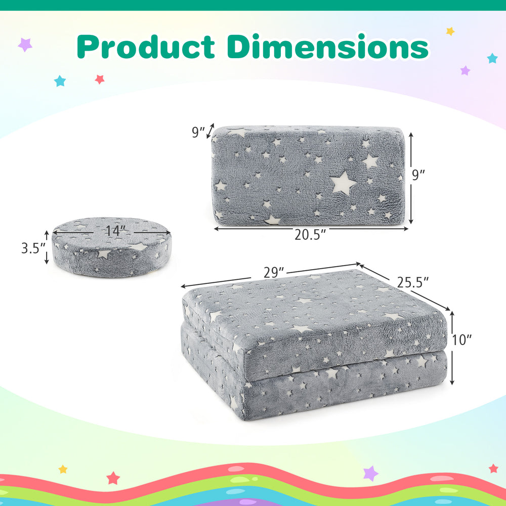 Modular kids play couch set in gray with star patterns, featuring dimensions for versatile use as a couch or climbing.