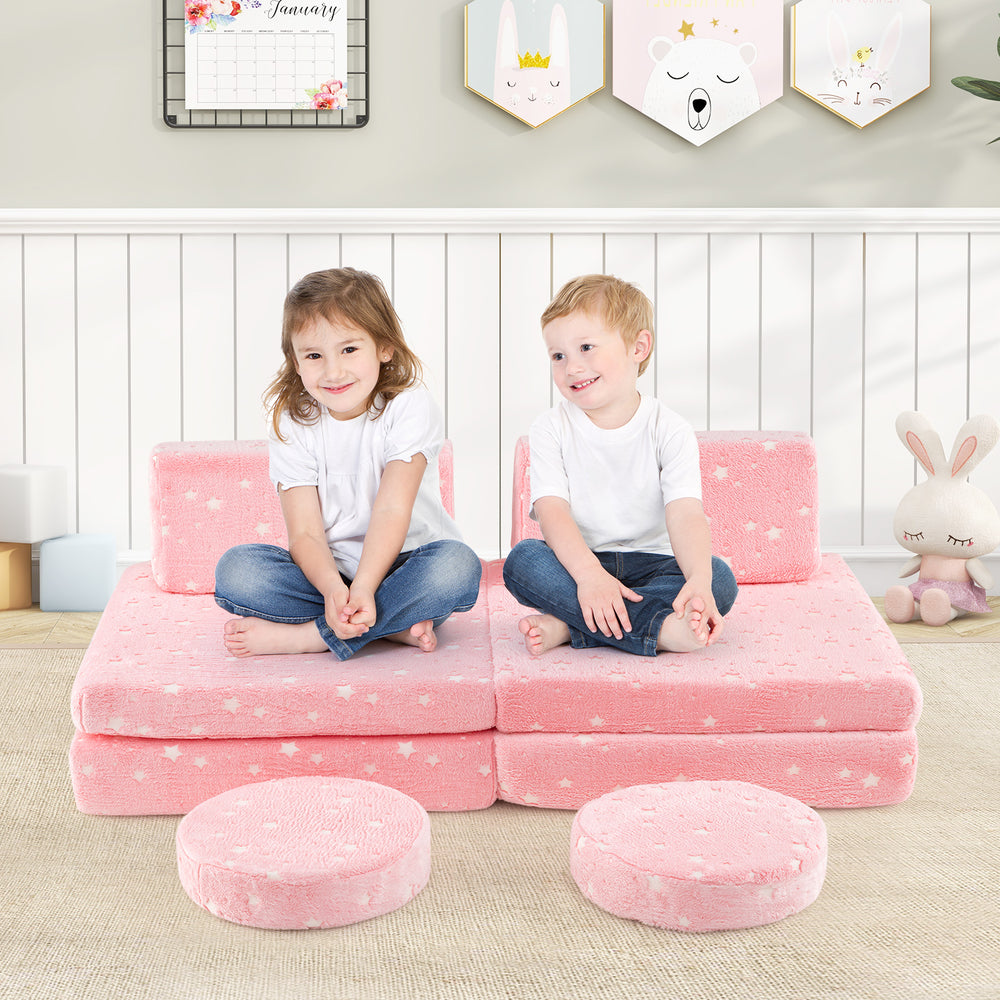 Modular Kids Play Couch Set Glow in the Dark with Portable Handles-Pink - Gallery View 1 of 10