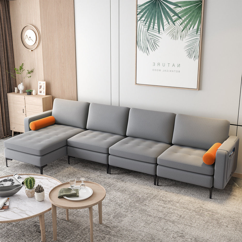Modular L-shaped 4-Seat Sectional Sofa with Reversible Chaise and 2 USB Socket-Gray - Gallery View 1 of 11