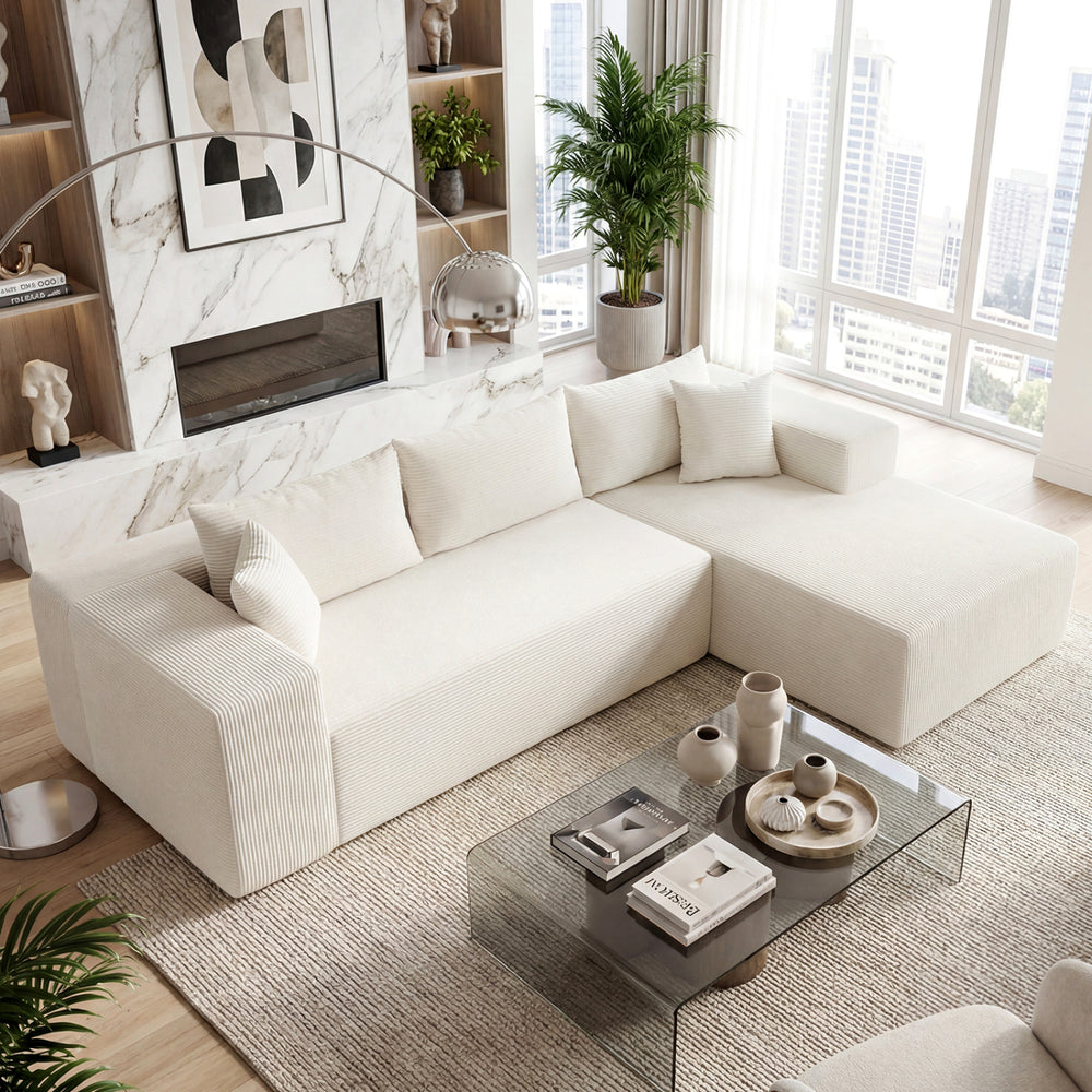 Modular Sectional Sofa Corduroy Upholstered L-shaped Sofa Couch with Deep Seats-Beige - Gallery View 1 of 9