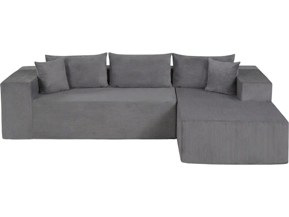 L-shaped modular sectional sofa in gray corduroy with deep seats, supportive backrests, and armrests for comfort.