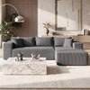 L-shaped modular sectional sofa in gray corduroy with deep seats, perfect for comfortable seating for four.