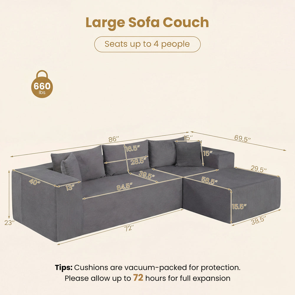 L-shaped modular sectional sofa in gray corduroy, seats up to 4 people, featuring deep seats and supportive backrests.
