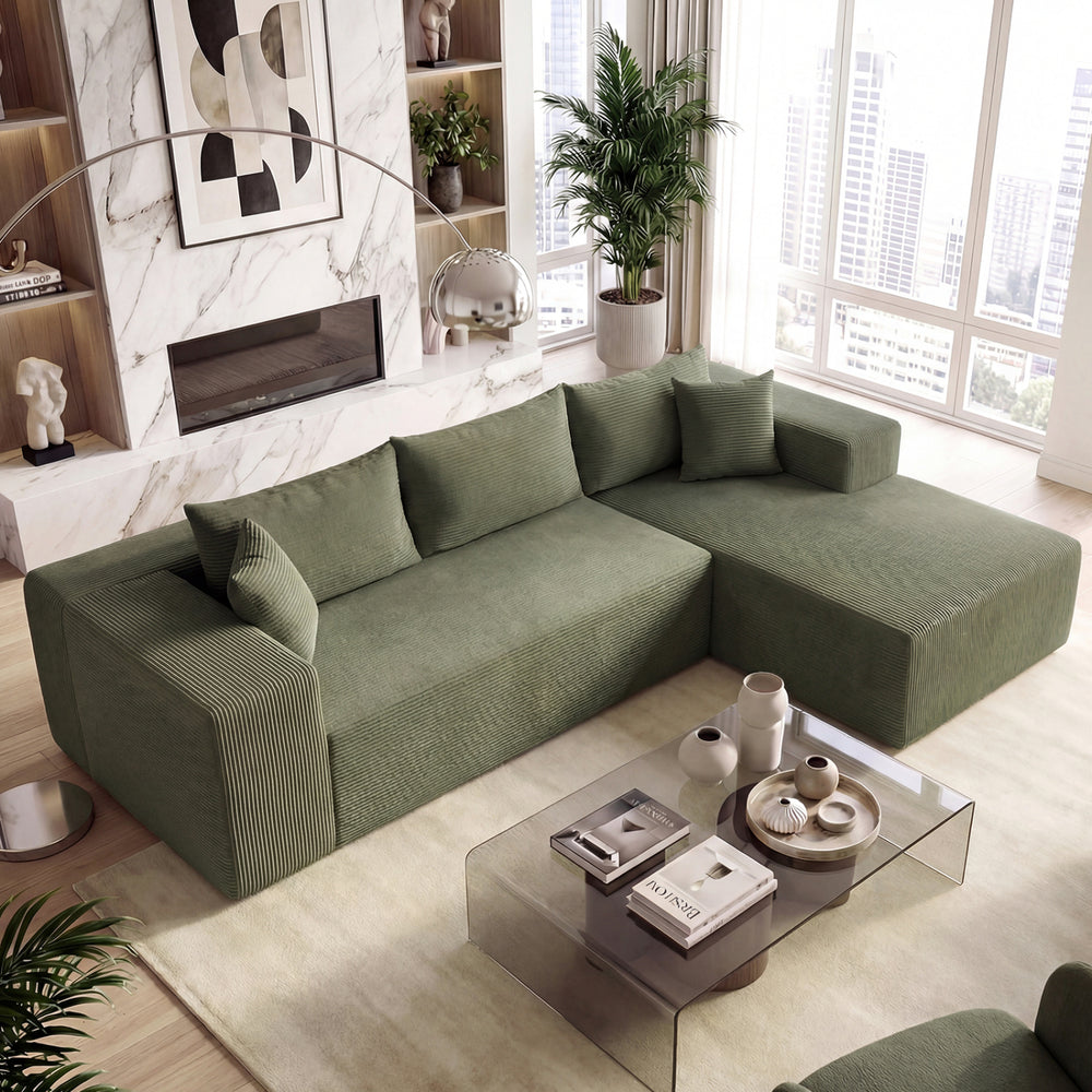 Modular Sectional Sofa Corduroy Upholstered L-shaped Sofa Couch with Deep Seats-Green - Gallery View 1 of 11