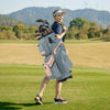 Molded Lock Top Golf Cart Bag in gray and orange with 14 dividers, 11 pockets, and adjustable shoulder strap for easy.