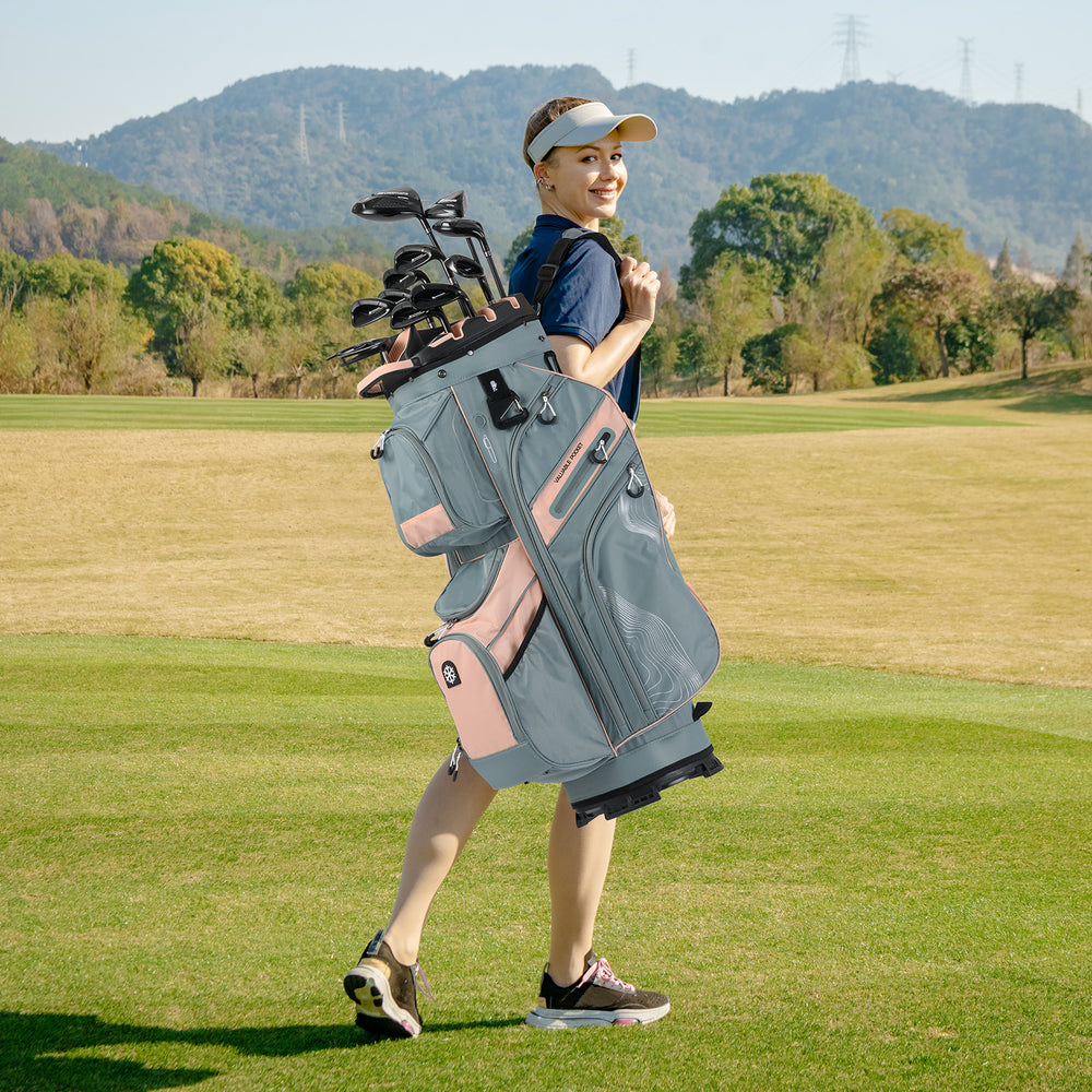 Molded Lock Top Golf Cart Bag in gray and orange with 14 dividers, 11 pockets, and adjustable shoulder strap for easy.