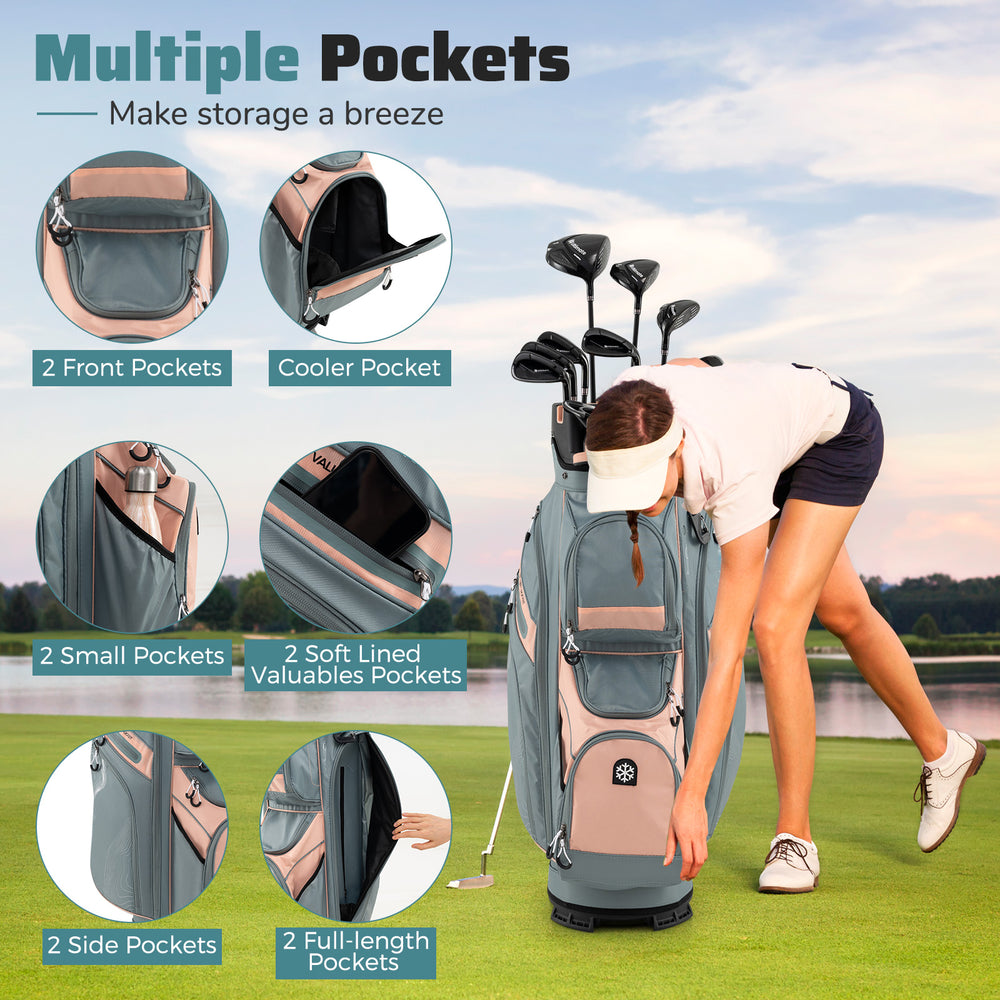 Molded Lock Top Golf Cart Bag in orange with 14-way dividers and multiple pockets for organized storage on the course.