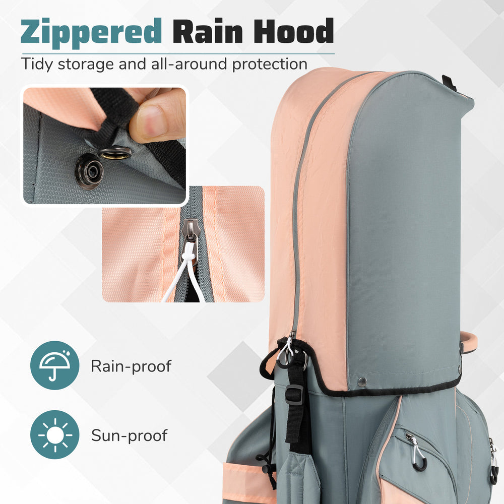 Zippered rain hood on the orange molded lock top golf cart bag, providing rain-proof and sun-proof protection.