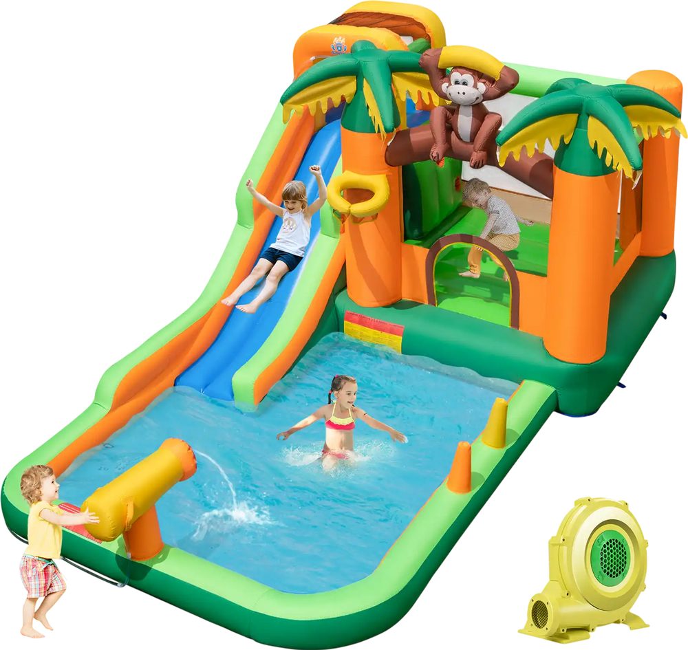 Monkey-Themed Inflatable Water Slide with Jumping Area and Pool with 680W Blower