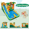 Monkey-themed inflatable water slide with jumping area, pool, and 680W blower, ideal for outdoor fun and play.