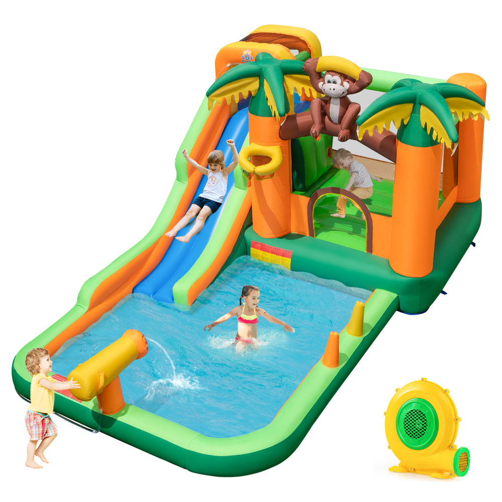 Monkey-themed inflatable water slide with jumping area and pool, includes 680W blower for outdoor fun and play.