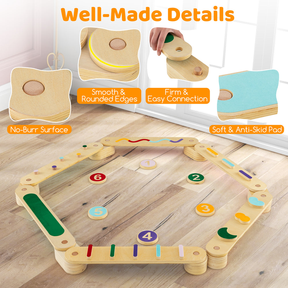 Montessori balance beam set featuring smooth, rounded edges and easy connections for safe, imaginative play.