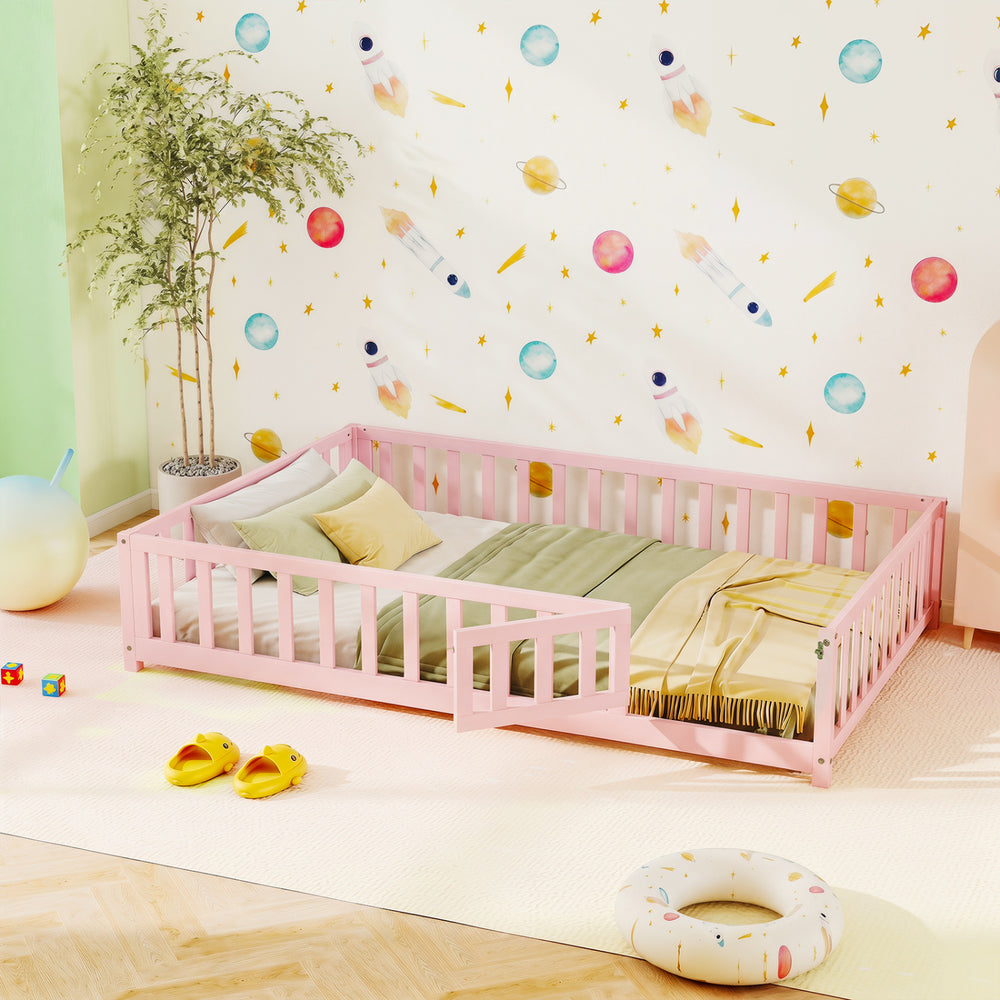 Montessori Bed Frame with Full-length Guardrails Safety Door and Latch-Pink - Gallery View 1 of 10
