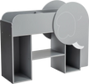 Elephant-shaped Montessori bookshelf in grey, featuring 5 storage areas and a chalkboard for toddler toy organization.