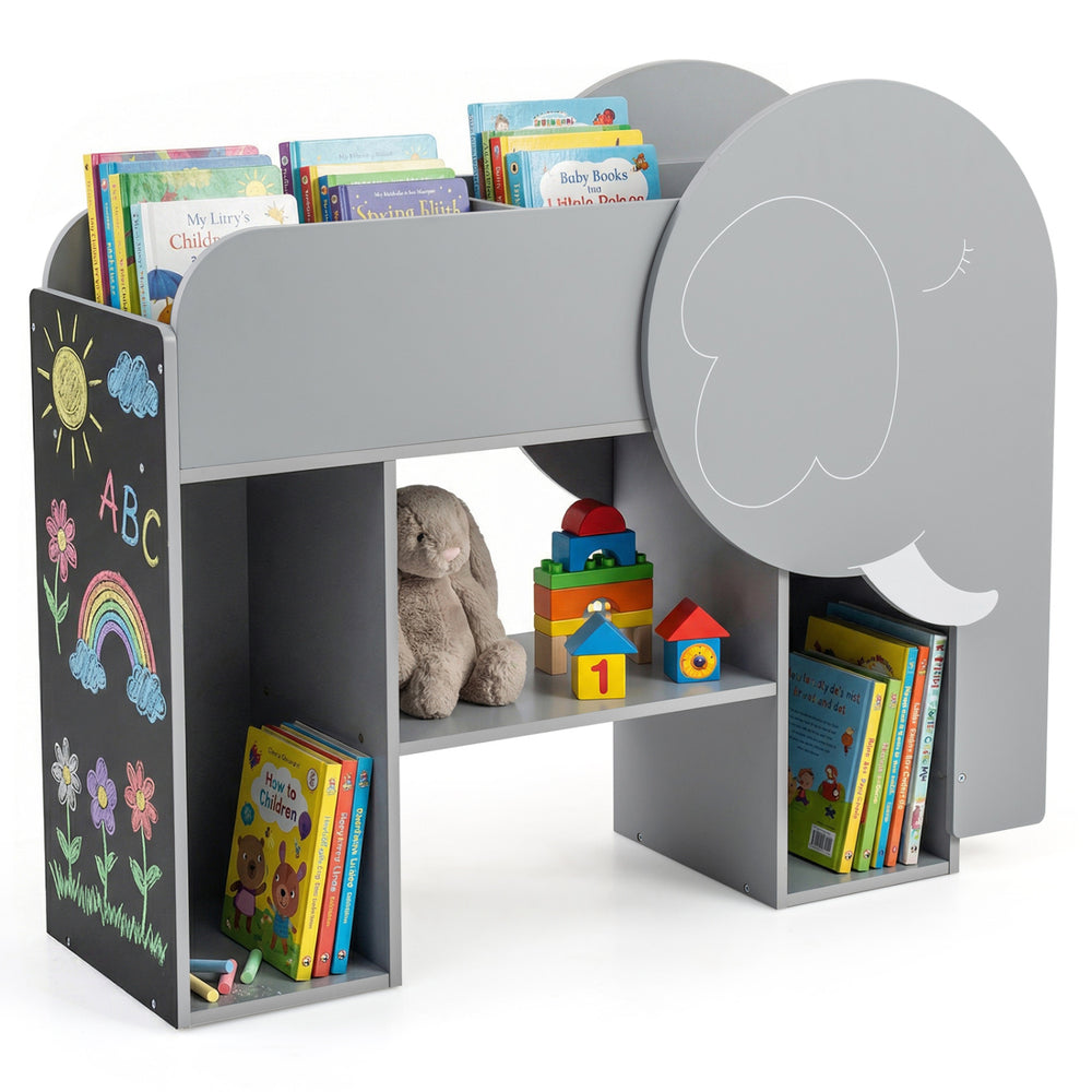 Elephant-shaped Montessori bookshelf in grey with 5 storage areas, abacus toy, and chalkboard for toddler organization.