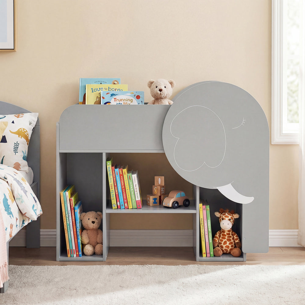 Grey Montessori bookshelf with elephant design, featuring 5 storage areas and a chalkboard for toddler toy organization.
