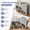 Elephant-shaped Montessori bookshelf in grey with 5 storage areas for books, toys, and dolls, ideal for kids'.