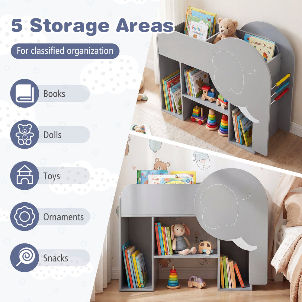 Elephant-shaped Montessori bookshelf in grey with 5 storage areas for books, toys, and dolls, ideal for kids'.