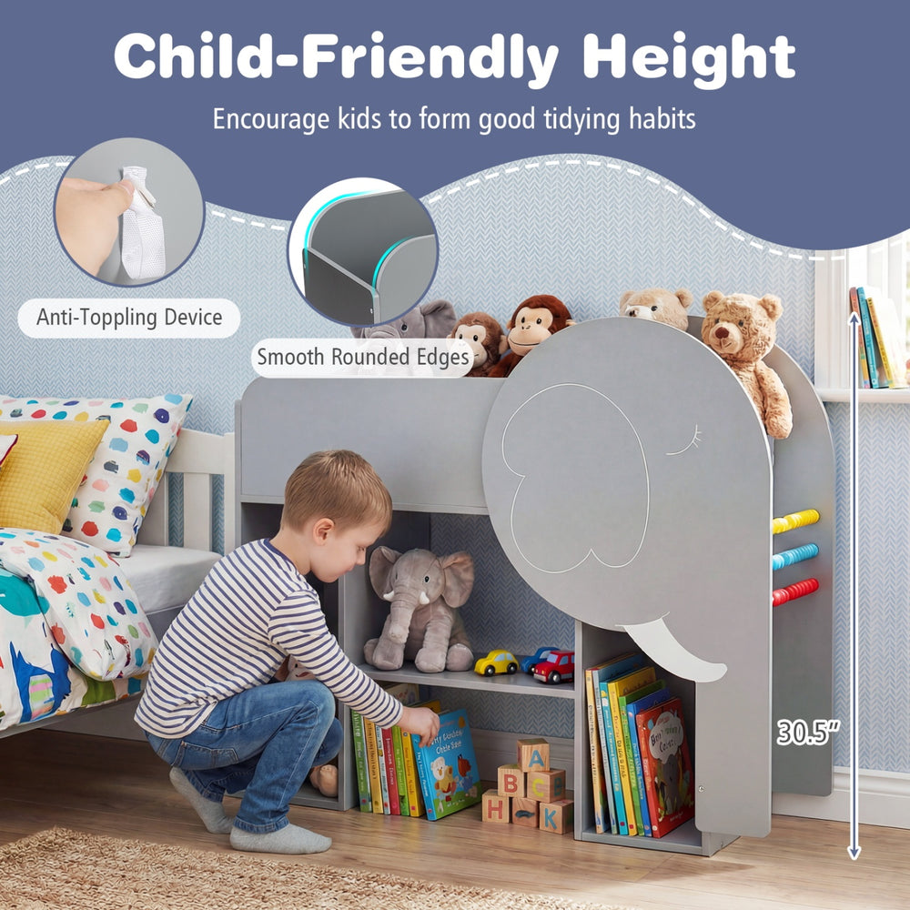 Elephant-shaped Montessori bookshelf in grey with 5 storage areas, promoting tidying habits for toddlers.