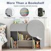 Elephant-shaped Montessori bookshelf in grey with 5 storage areas, abacus toy, and chalkboard for early learning.