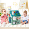 Montessori play house with sensory games in blue, featuring storage space and various life skill activities for kids.