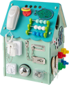 Montessori play house in blue featuring sensory games, storage space, and life skills activities for kids' development.
