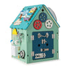 Montessori play house in blue showcasing interactive gears, latches, and sensory activities for developing kids' motor.