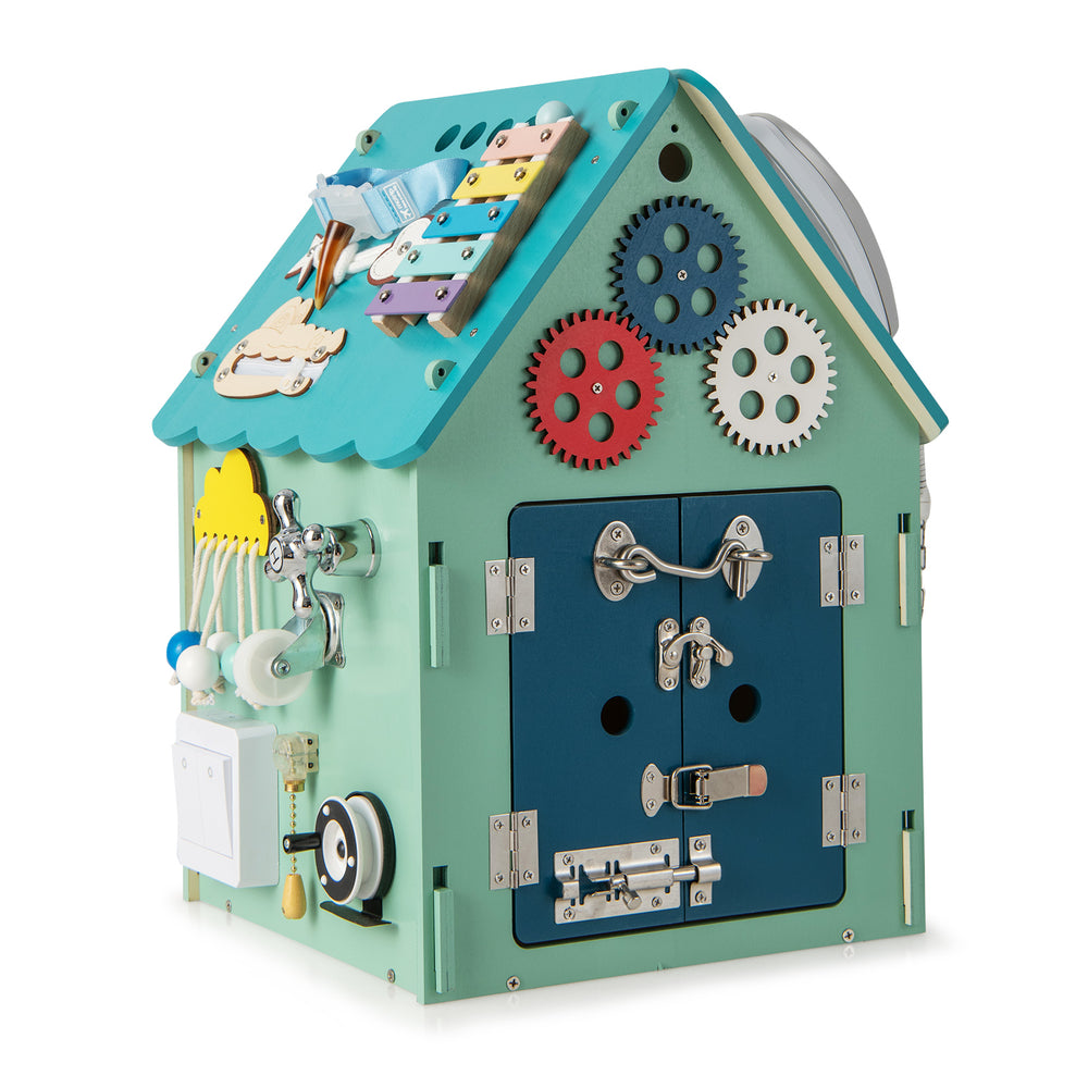 Montessori play house in blue showcasing interactive gears, latches, and sensory activities for developing kids' motor.