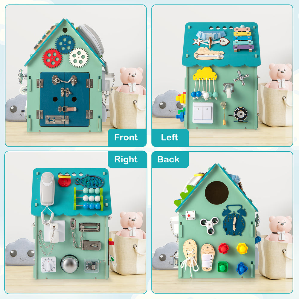 Montessori play house with sensory games, featuring a front view showcasing various educational activities for kids.