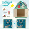Montessori playhouse in blue with sensory games and storage for toys, promoting fine motor skills and life skills.