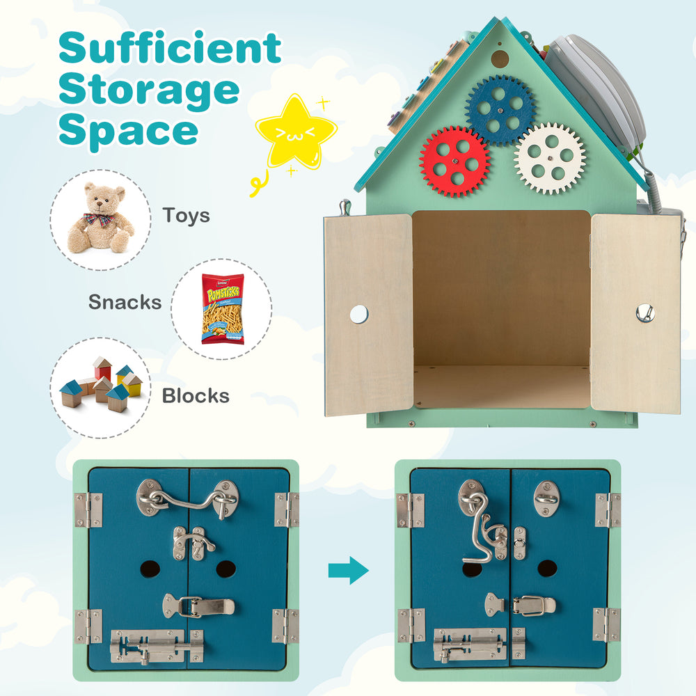Montessori playhouse in blue with sensory games and storage for toys, promoting fine motor skills and life skills.