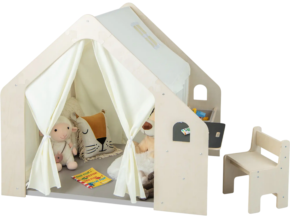 Montessori style indoor playhouse with beige finish, storage bin, and floor mat for toddlers aged 2-6 years old.