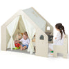 Montessori style indoor playhouse in beige showcasing a child playing with toys and an ergonomic chair for toddlers.