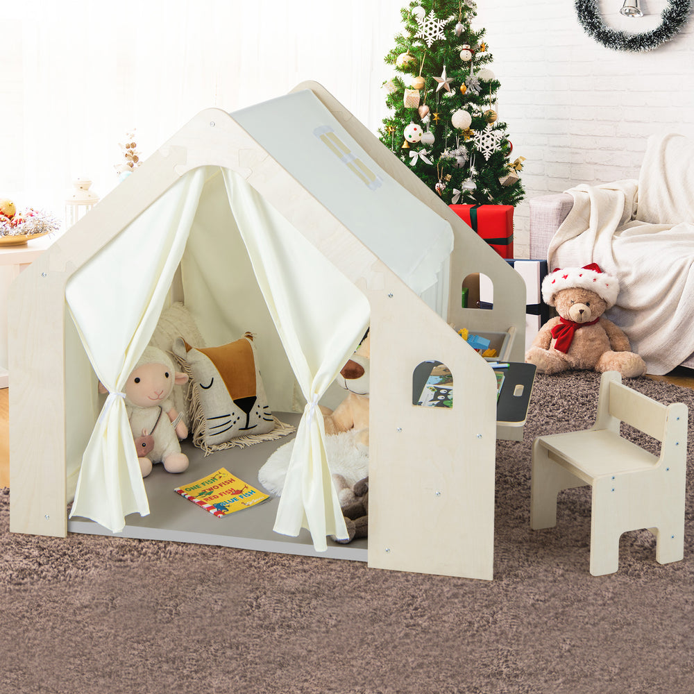 Montessori style indoor playhouse with storage bin, beige, featuring a blackboard and ergonomic chair for toddlers.
