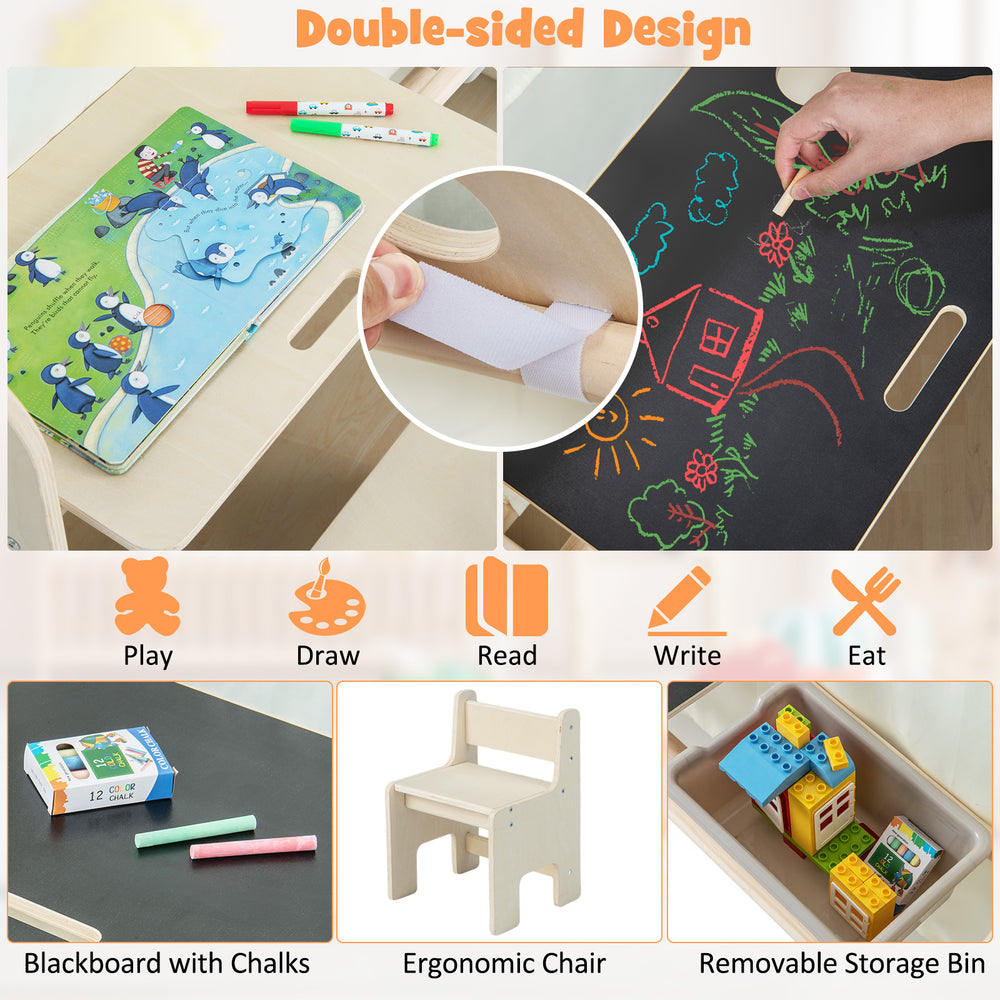 Montessori style indoor playhouse with double-sided blackboard, ergonomic chair, and removable storage bin for toddlers.